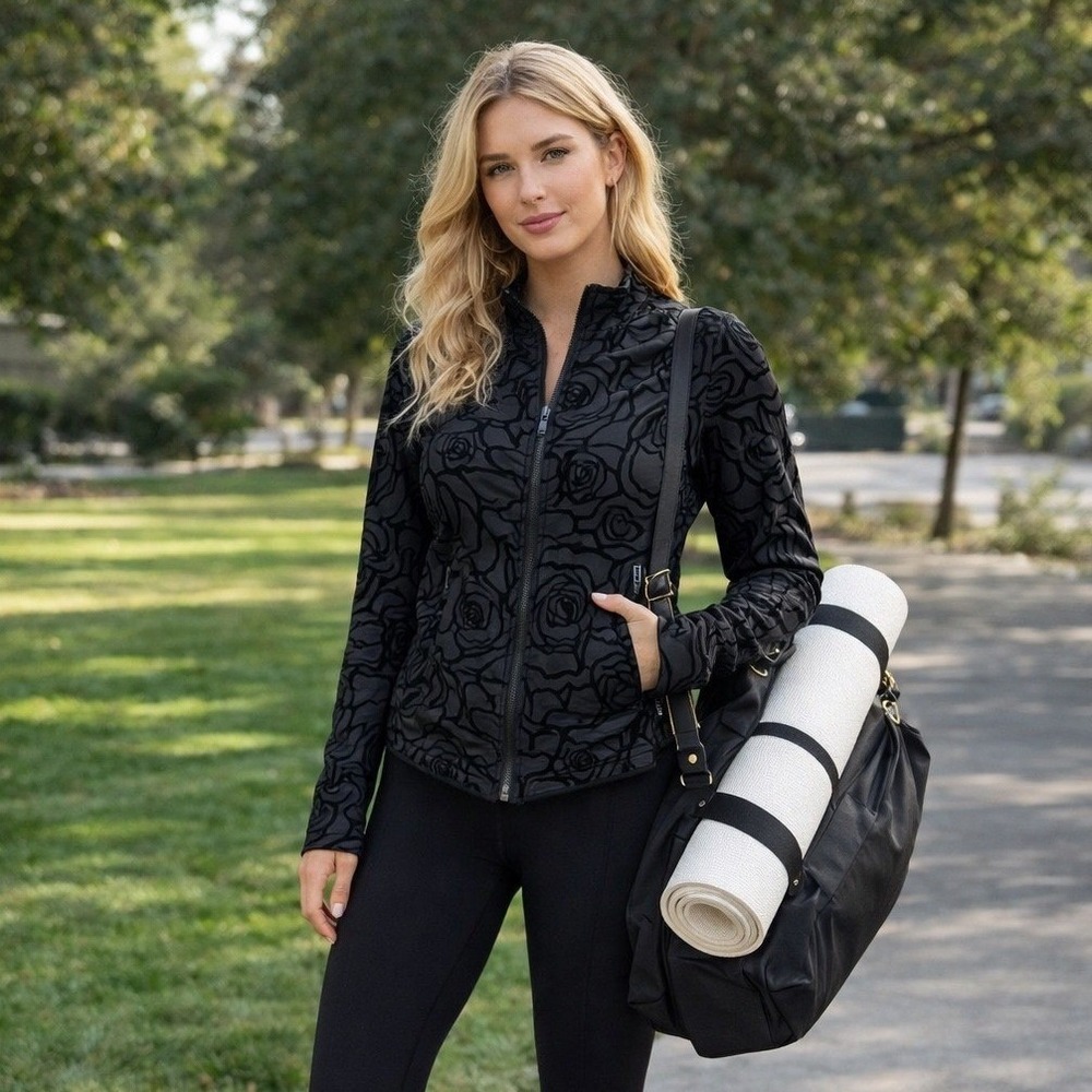 Fabletics Black Flocked Velvet Rose Quilted Full Zip Jacket Mock Neck Medium